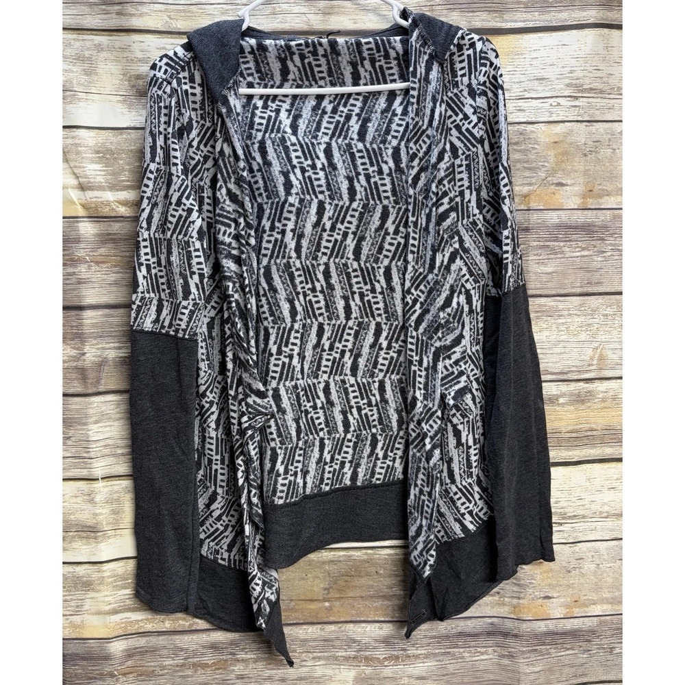 Prana Women's Medium Wrap Graceful Open Front Hooded Cardigan Jacket Gray Print